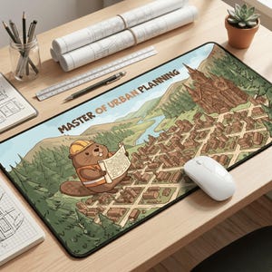 May include: A rectangular mousepad with a cartoon beaver wearing a hard hat and holding a blueprint, with the text "MASTER OF URBAN PLANNING." The design features a cityscape, mountains, and a river. A white computer mouse is on the right.