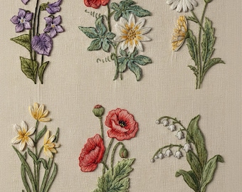 Wzór haftu "Polne kwiaty" w formacie PDF – Botaniczna sztuka liniowa, wzory kwiatowe dla początkujących (do pobrania w wersji cyfrowej)