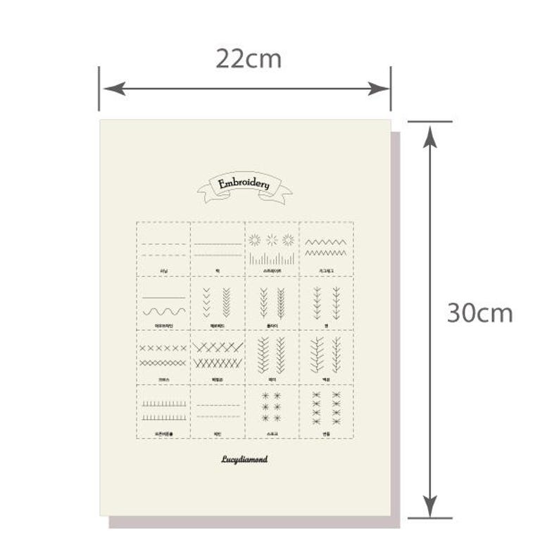 May include: A cream-colored embroidery guide, 22cm wide and 30cm tall, featuring various stitch patterns. The word "Embroidery" is at the top. The guide includes examples of different stitches, with the name "Lucydiamond" at the bottom.