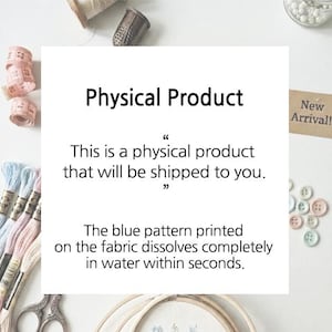 May include: A white square sign with black text that reads: Physical Product. This is a physical product that will be shipped to you. The blue pattern printed on the fabric dissolves completely in water within seconds. Surrounded by sewing supplies.