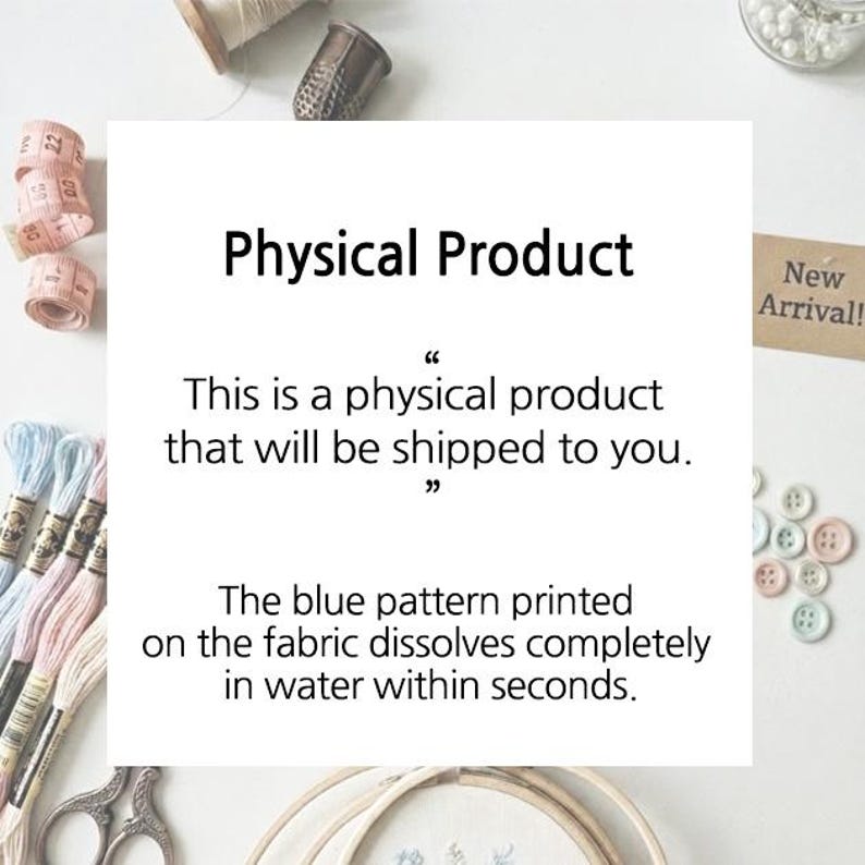May include: A white square sign with black text that reads: Physical Product. This is a physical product that will be shipped to you. The blue pattern printed on the fabric dissolves completely in water within seconds. Surrounded by sewing supplies.