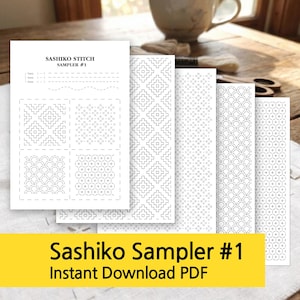 May include: A stack of white paper sheets featuring Sashiko stitch patterns. The patterns include geometric shapes and curved lines. The text "Sashiko Sampler #1 Instant Download PDF" is on a yellow banner at the bottom. A cup and scissors are in the background.