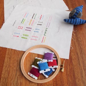 May include: A wooden embroidery hoop with colorful thread spools, a fabric with various stitch examples, and a small blue stuffed animal on a wooden surface. The fabric has the word "Embroidery" printed on it.