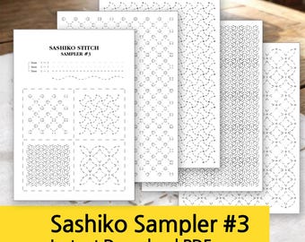 Sashiko Sampler nr 3, 4 wzory geometryczne, wzór PDF dla początkujących do haftu