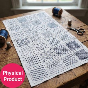 Sashiko Embroidery Sampler – 28 Japanese Pattern Fabric Panel