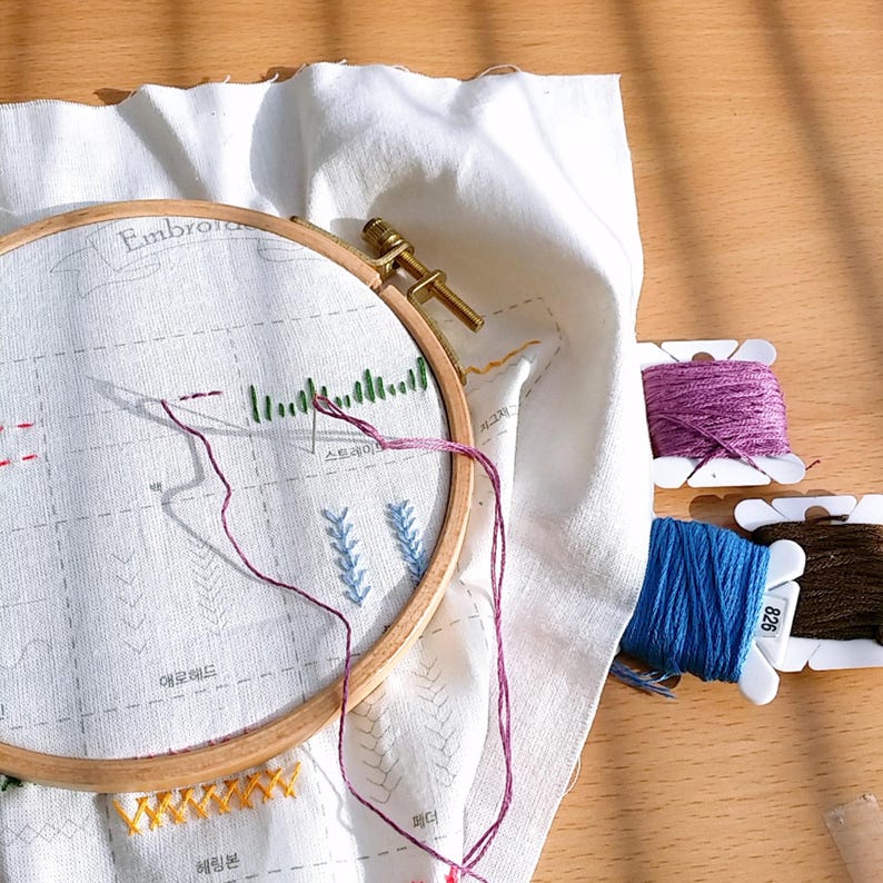 May include: Embroidery hoop with white fabric featuring various stitch patterns and the word "Embroidery". Purple thread is being used to stitch a design. Spools of purple, blue, and brown embroidery floss are visible.
