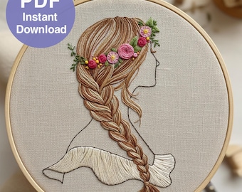 Wzór haftu Anne w formacie PDF – przewodnik dla początkujących z 32 podstawowymi ściegami, haft ręczny z motywem dziewczynki w kwiaty, do natychmiastowego pobrania