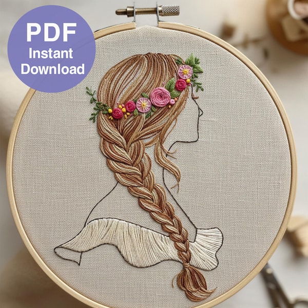 Anne broderimönster PDF - Nybörjarguide med 32 grundläggande sömmar, handbroderi med blommig flicka, direktnedladdning