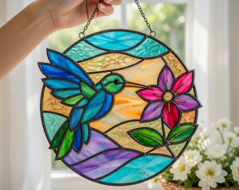 Diseño de colibrí en vidriera, atrapasoles de pájaro, arte mural de vidrio (descarga digital)