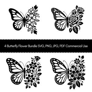 Op de afbeelding: Vier zwart-witte vlinderontwerpen met bloemaccenten. Elke vlinder is gekoppeld aan een andere rangschikking van bloemen en bladeren. De tekst "4 Butterfly Flower Bundle SVG, PNG, JPG, PDF Commercial Use" wordt weergegeven.