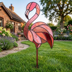 May include: A stained glass flamingo garden stake. The flamingo features shades of pink and red glass, with a dark metal frame. The bird is standing in a grassy yard, with a house and garden in the background. The flamingo is approximately 40 inches tall.