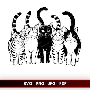Puede incluir: Ilustración en blanco y negro de cinco gatos de pie uno al lado del otro. Cada gato tiene un patrón diferente, incluyendo rayas y colores sólidos. Los gatos tienen las colas enroscadas. El texto "SVG - PNG - JPG - PDF" está en la parte inferior de la imagen.