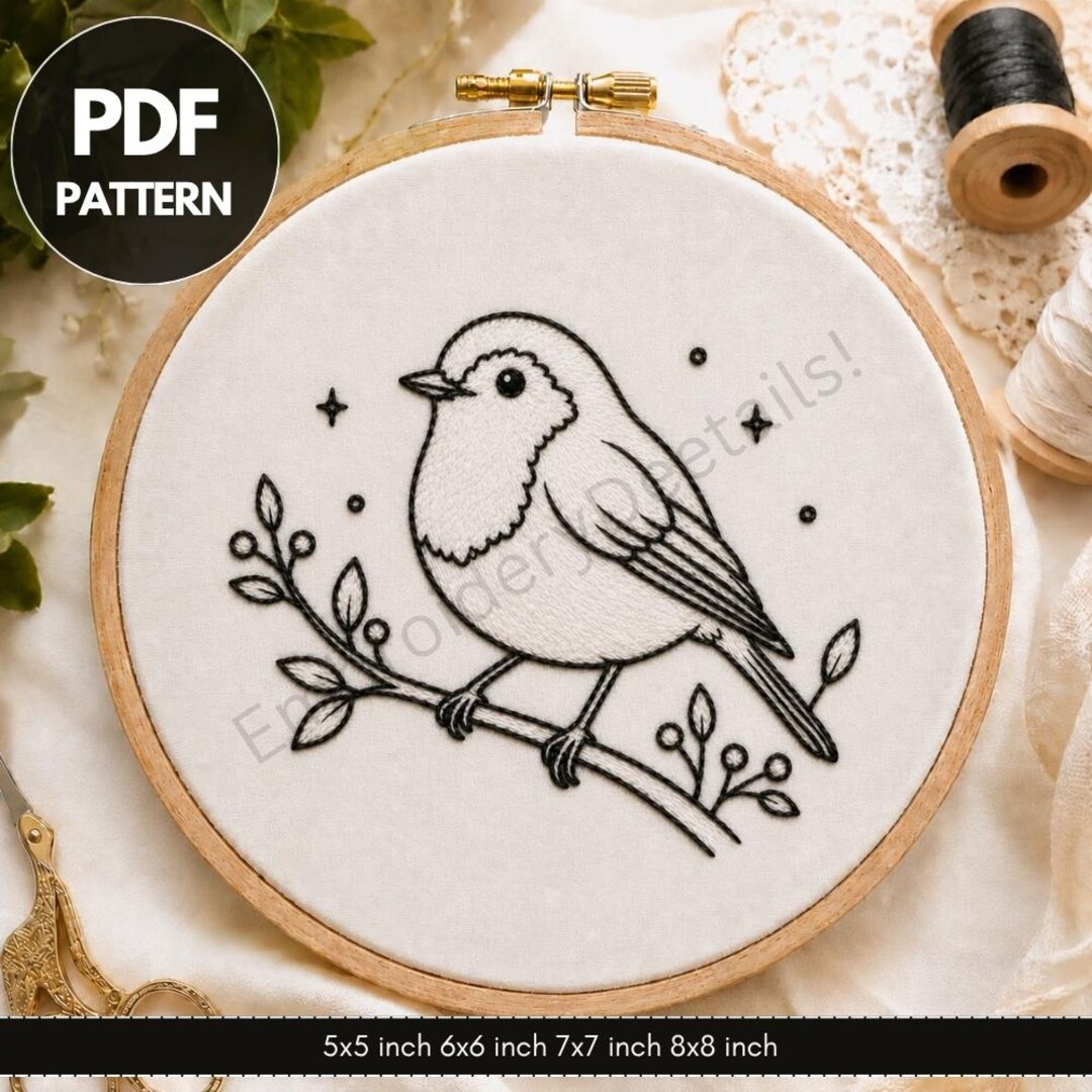 Robin Bird Embroidery Pattern | Botanical Branch Design (digital ...