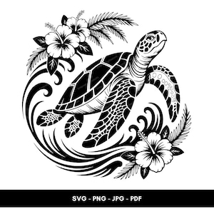 Può includere: Illustrazione in bianco e nero di una tartaruga marina che nuota tra onde stilizzate, circondata da fiori di ibisco e foglie di palma. Include il testo "SVG - PNG - JPG - PDF".
