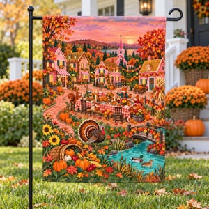 May include: A rectangular garden flag featuring a vibrant autumn scene with a village, a turkey, and a picnic table. The illustration displays orange pumpkins, colorful fall foliage, a small stream with ducks, and a sunset sky over houses.