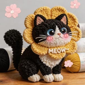 Könnte beinhalten: Handgefertigtes schwarz-weißes Katzenplüschtier mit gelbem Sonnenblumenkragen. Die Katze hat blaue Augen, rosa Wangen und das Wort "MEOW" auf dem Kragen. Das Plüschtier sitzt auf einer Holzoberfläche.