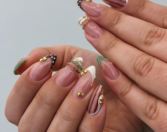 Custom Cute Pink Press on Nails Almond Shape Brown Stripes Polka Dots 3D Gold Beads & Rings Handmade Fake Nails Set