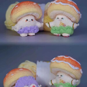 Könnte beinhalten: Vier handgefertigte Pilz-Plüschtiere. Jedes Plüschtier hat einen weißen Körper, eine farbenfrohe Pilzkappe und einen Rock. Die Pilzkappen sind orange und gelb. Die Röcke sind lila und grün. Die Spielzeuge haben kleine Arme und Beine.