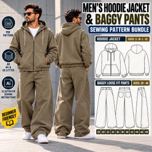 Può includere: Un cartamodello per una giacca con cappuccio e pantaloni larghi. L'immagine mostra una vista frontale e posteriore dei capi in verde oliva, insieme a disegni tecnici, tabelle delle taglie ed etichette per i formati PDF, A0, A4 e US Letter.