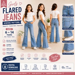May include: A digital sewing pattern for girls' flared jeans, featuring text for sizes 6-14 years, A4, A0, and US letter formats. The image displays a child wearing light blue denim flared jeans with a classic five-pocket style and a clean hem.