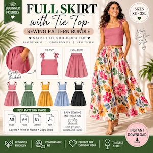 May include: A sewing pattern bundle for a full skirt and tie-shoulder top, featuring text: FULL SKIRT with Tie Top SEWING PATTERN BUNDLE. Includes illustrations of the garments in various colors, pocket details, and icons for PDF file formats.