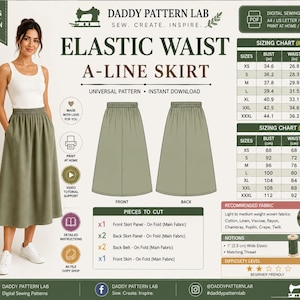 May include: A digital sewing pattern for an elastic waist A-line skirt by Daddy Pattern Lab. Includes sizing charts in inches and centimeters, a list of pieces to cut, recommended fabrics, and a difficulty level rating for this beginner project.