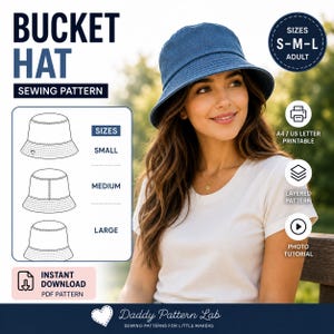 May include: A digital sewing pattern for a bucket hat, featuring text labels for sizes small, medium, and large. The document includes icons for A4 or US letter printable formats, a layered pattern option, a photo tutorial, and instant download.
