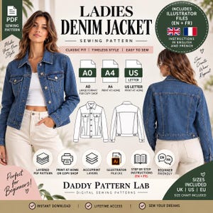 Könnte beinhalten: Ein digitales Schnittmuster für eine Damen-Jeansjacke von Daddy Pattern Lab. Das Bild zeigt die Jacke von vorne und hinten, technische Strichzeichnungen sowie Symbole für A0-, A4- und US-Letter-Formate sowie Illustrator-Dateien.