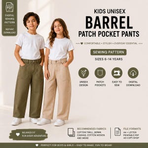 May include: A digital sewing pattern for kids unisex barrel patch pocket pants in sizes 6-14 years. The image displays two children wearing white t-shirts and wide-leg trousers in olive green and beige, featuring large front patch pockets.