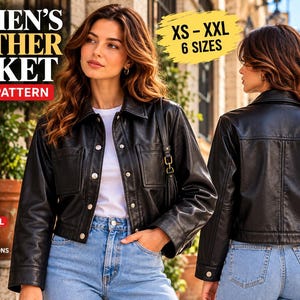 Peut inclure: Un patron de couture pour veste en cuir noir montrant les vues avant et arrière du vêtement. La veste a un col, des manches longues et des poches avant. Le texte inclut WOMEN'S LEATHER JACKET SEWING PATTERN, XS - XXL 6 SIZES, A0, A4, US LETTER PRINT SIZE, LAYERED SIZES, DETAILED SEWING INSTRUCTIONS, BEGINNER FRIENDLY, INSTRUCTIONS IN ENGLISH et INSTRUCTIONS EN FRANÇAIS.