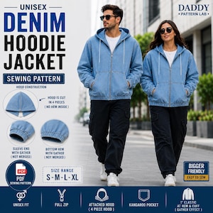 May include: A sewing pattern for a unisex denim hoodie jacket with a full zipper, attached hood, and kangaroo pocket. The pattern includes instructions for a 4-piece hood, gathered sleeve ends, and a gathered bottom hem, available in sizes S-M-L-XL.