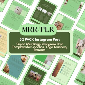 以下が含まれることがあります： 緑、ミント、ベージュの色合いのデジタルInstagram投稿テンプレートのコレクション。中央のグラフィックには「52 PACK Instagram Post」と書かれており、コーチ、ヨガの先生、リトリート向けに設計されています。さまざまなサンプル投稿が表示されています。