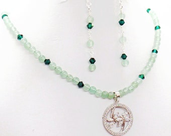 Crystal Dragonfly Green Prehnite Necklace Earrings Set Natural Stone