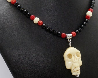 Bone Skull Obsidian Coral Pendant Necklace Halloween Goth Jewelry