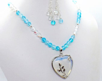 Opalite Rose Heart Pendant Mystic Quartz Gemstone Necklace Earrings Set