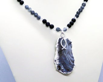 Natural Druzy Christian Fish Blue Goldstone Grey Quartz Crystal Pendant Necklace Beaded Statement Adjustable Sedona