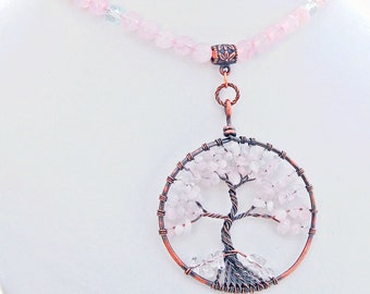 Tree of Life Rose Pink Quartz Pendant with Rose Pink Quartz and Green Quartz Gemstone Necklace Cherry Blossom Necklace