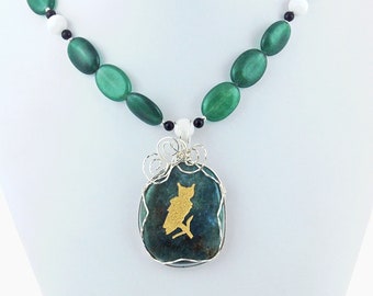 Gold Owl Green Agate White Jade Black Onyx Pendant Necklace