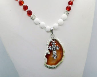 Agate Pendant with Pewter Cross Overlay, Carnelian White Jade Adjustable Pendant Necklace