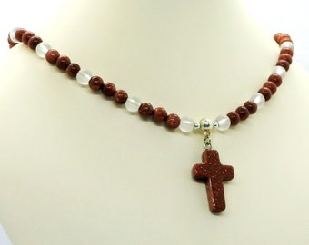 Goldstone Cross with Goldstone and Frosted Quartz Necklace Christian Christmas Beaded Statement Adjustable