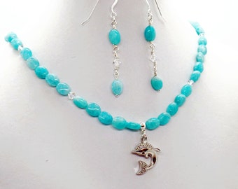 Crystal Dolphin Hemimorphite Necklace Earrings Set Natural Stone