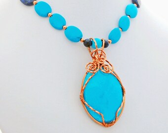 Turquoise (Natural) and Copper Pendant with Turquoise Copper and Indigo Blue Lapis Lazuli Gemstone Necklace Southwest Western Sedona