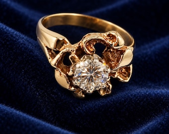 Natural Diamond Ring 14K Gold Vintage Estate Nugget Design Rustic Statement Ring Size 8.5 Elegant Gift for Her Anniversary