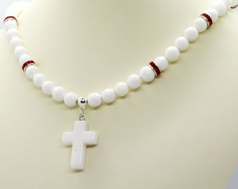 White Jade Cross Pendant Adjustable Necklace with Faceted White Jade and Red Rondelle Crystals Christian