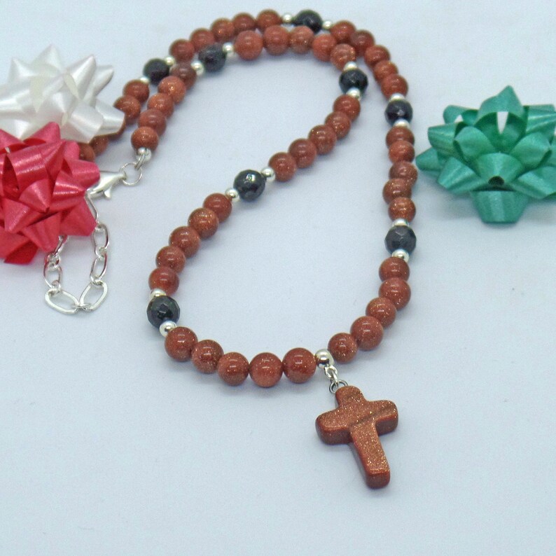 Goldstone Cross Brown Green Goldstone Necklace image 3