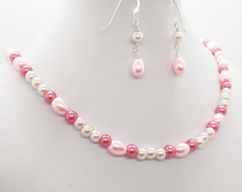 Pink Pearl Necklace Earrings Set Bridal, Bride, Wedding Spring Summer Jewelry