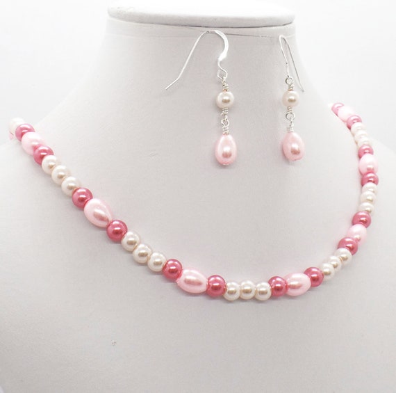 Pink Pearl Necklace Earrings Set Wedding Jewelry Etsy