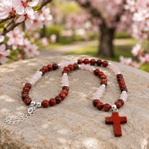 Red Jasper Cross Necklace Rose Quartz Christian Faith Jewelry Handmade USA Natural Stone Cross Pendant Gift for Women image 1