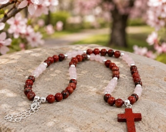 Red Jasper Cross Necklace Rose Quartz Christian Faith Jewelry Handmade USA Natural Stone Cross Pendant Gift for Women