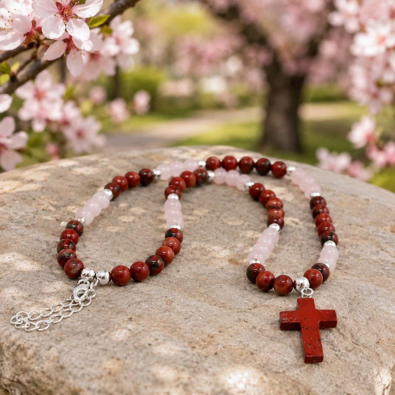 Red Jasper Cross Necklace Rose Quartz Christian Faith Jewelry Handmade USA Natural Stone Cross Pendant Gift for Women image 1